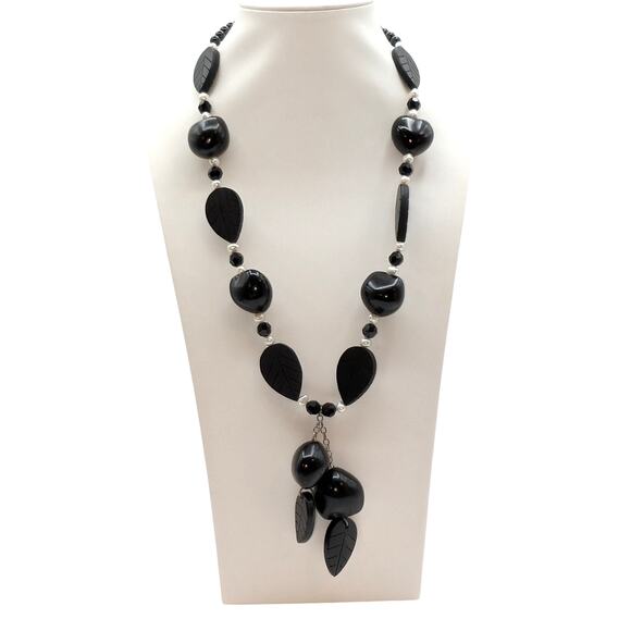 925 Sterling Pearl Black Carved Wood Leaf Tagua Nut Dangle Tassel Necklace - Picture 6 of 7